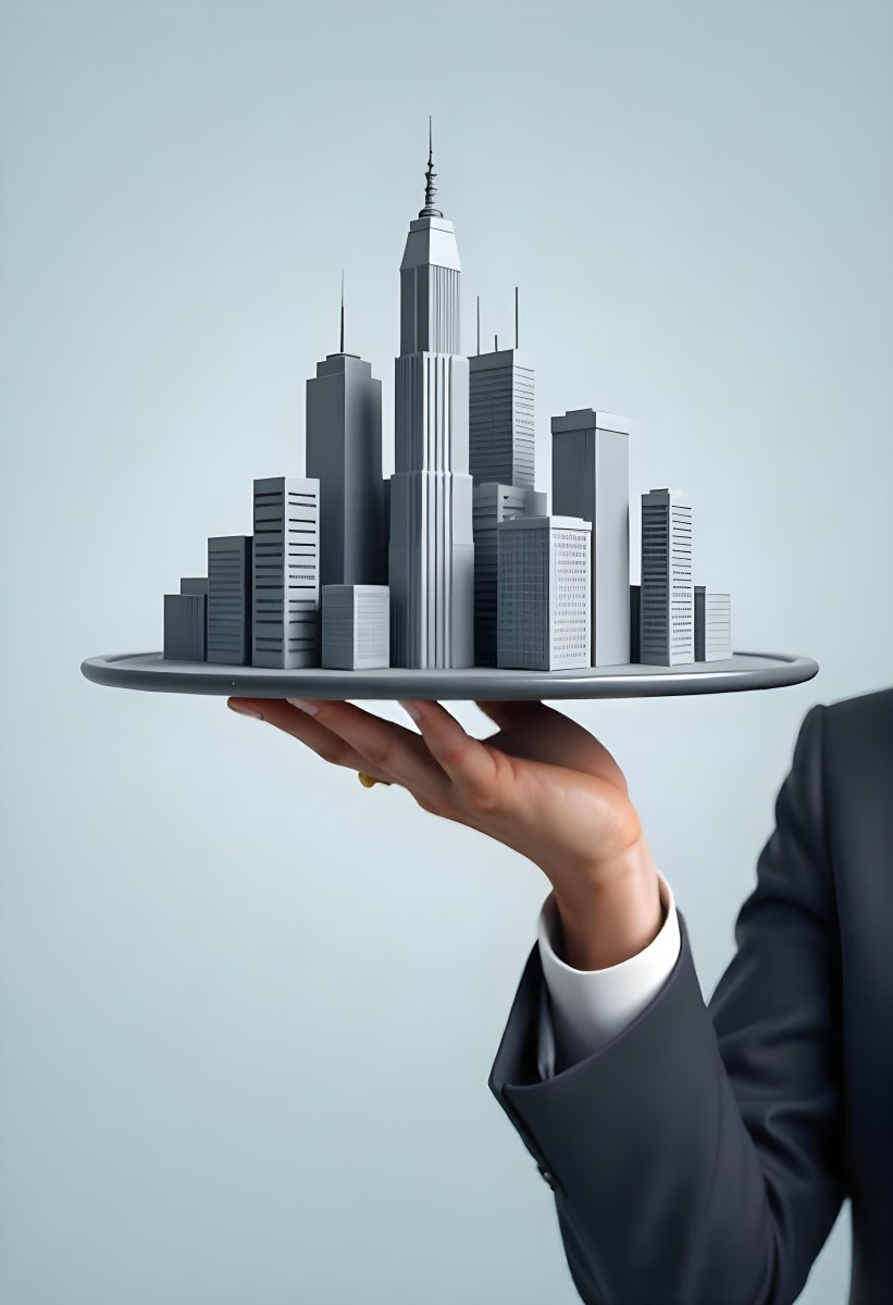 A Man Holding A Tray With A City On It The City Has Many Skyscrapers The Background Is Light Blue 38 Aa8f