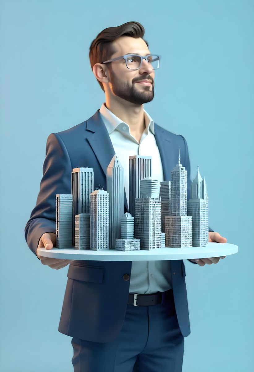 A Man Holding A Tray With A City On It The City Has Many Skyscrapers The Background Is Light Blue 39 2c57