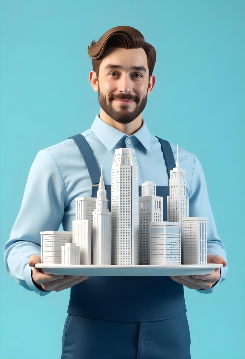 A Man Holding A Tray With A City On It The City Has Many Skyscrapers The Background Is Light Blue 4 7718