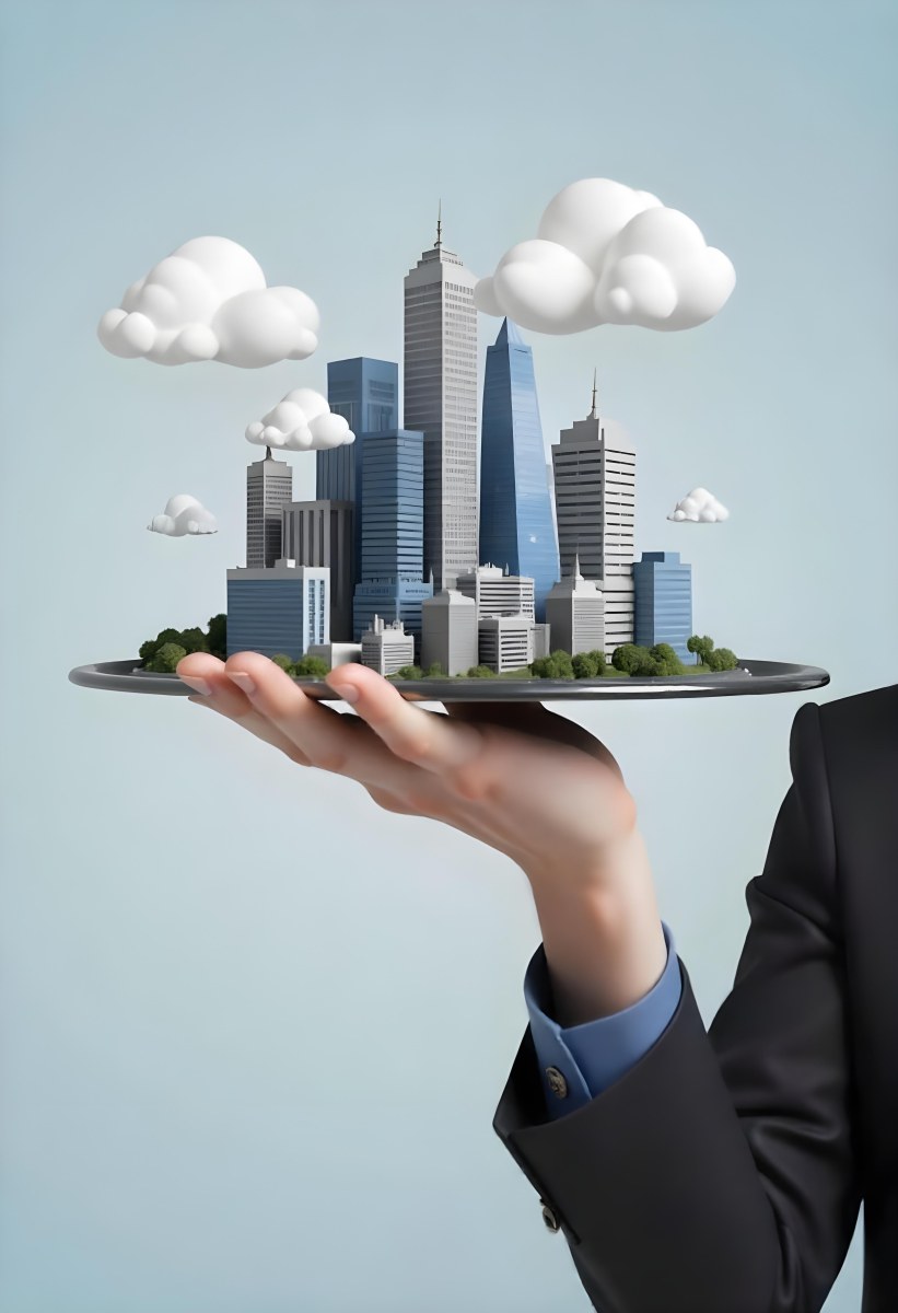 A Man Holding A Tray With A City On It The City Has Many Skyscrapers The Background Is Light Blue 40 C59a