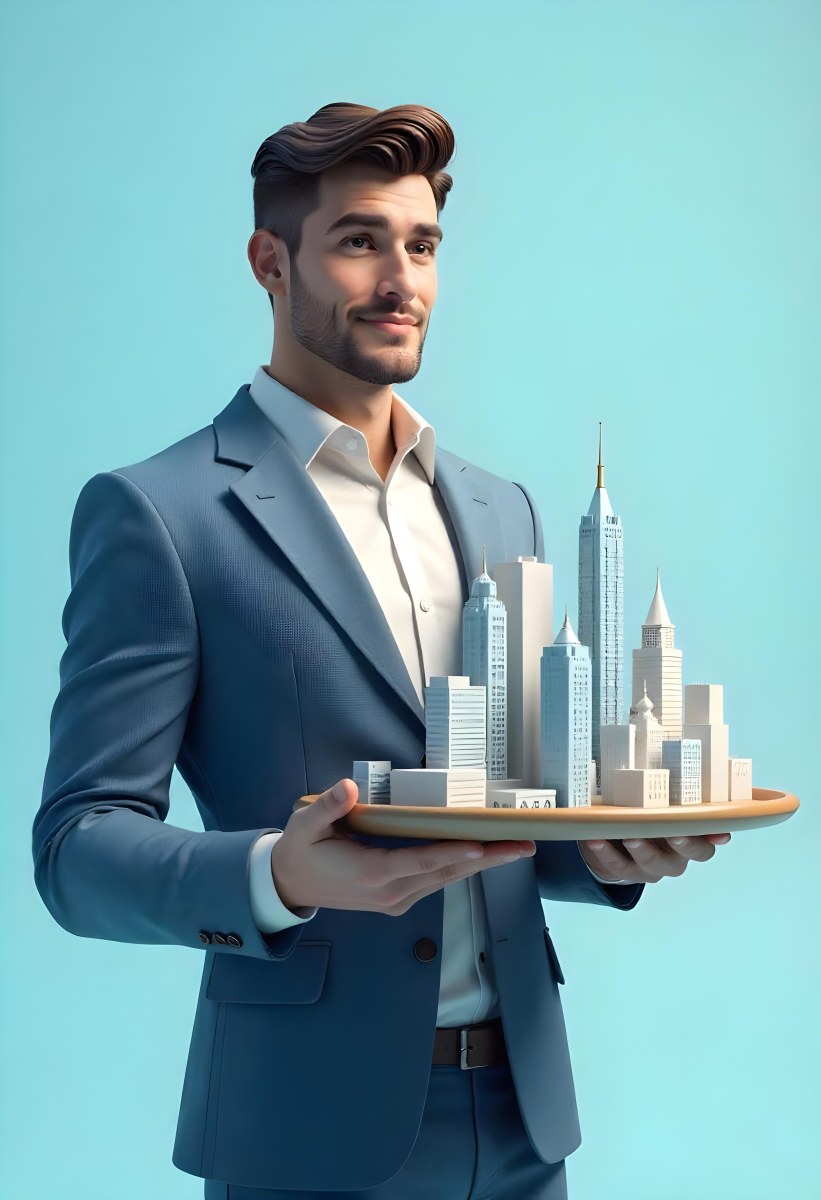 A Man Holding A Tray With A City On It The City Has Many Skyscrapers The Background Is Light Blue 41 B8a1