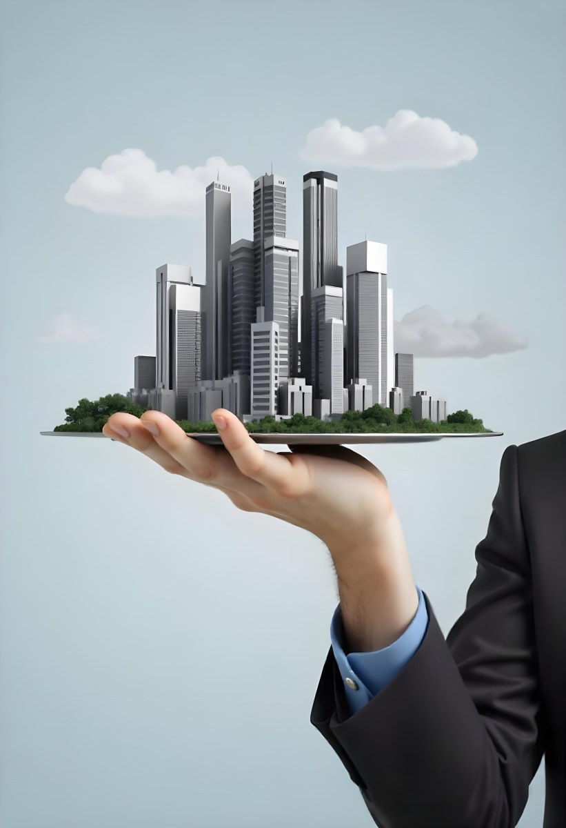 A Man Holding A Tray With A City On It The City Has Many Skyscrapers The Background Is Light Blue 42 365c