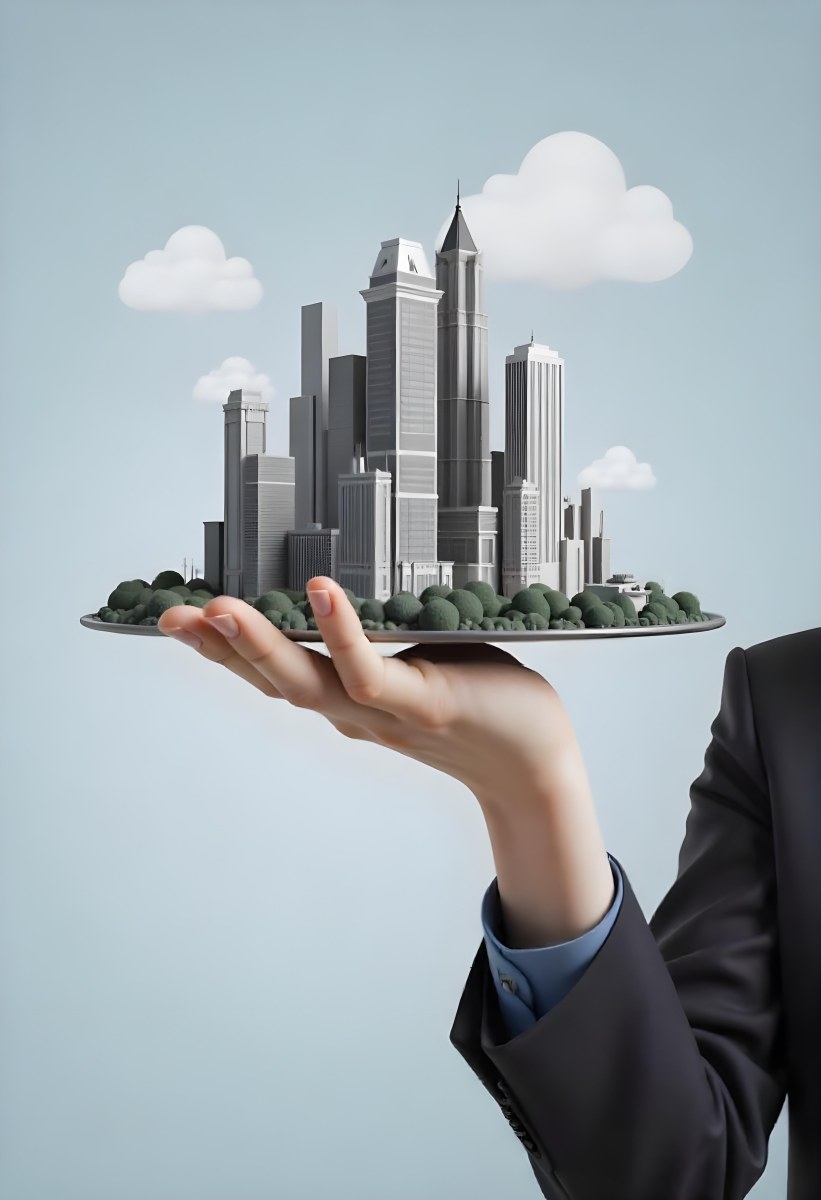 A Man Holding A Tray With A City On It The City Has Many Skyscrapers The Background Is Light Blue 5 F04f