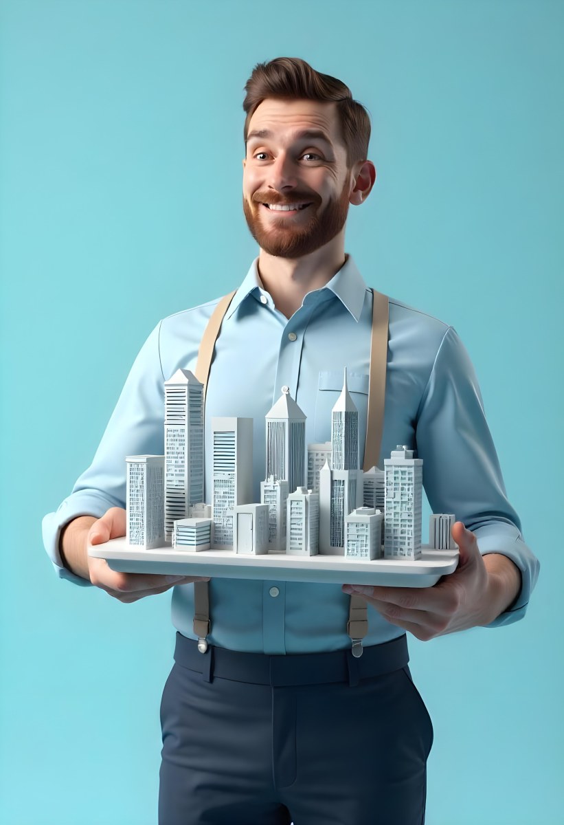 A Man Holding A Tray With A City On It The City Has Many Skyscrapers The Background Is Light Blue 6 074a