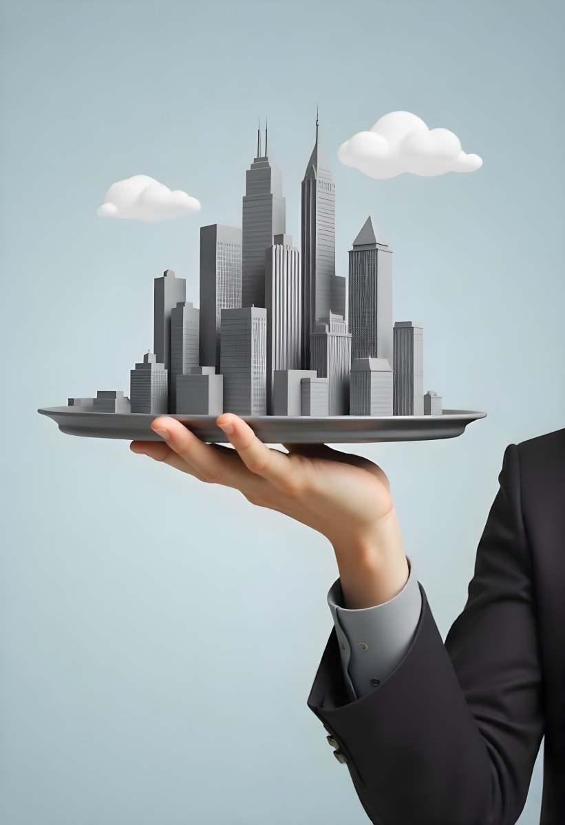 A Man Holding A Tray With A City On It The City Has Many Skyscrapers The Background Is Light Blue 7 0731