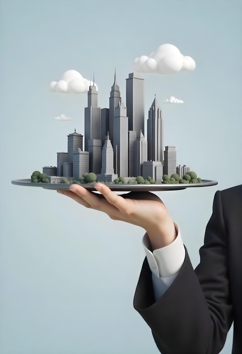 A Man Holding A Tray With A City On It The City Has Many Skyscrapers The Background Is Light Blue 8 A15c