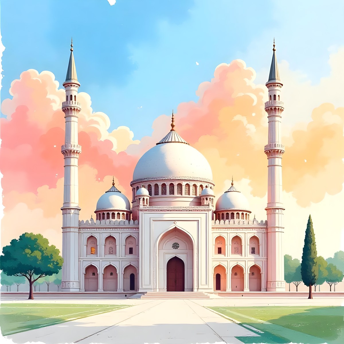 A Mosque With A Large Dome And Minarets Painted In Watercolor Style With A Colorful Sky And Clouds In The Background 6 7c58