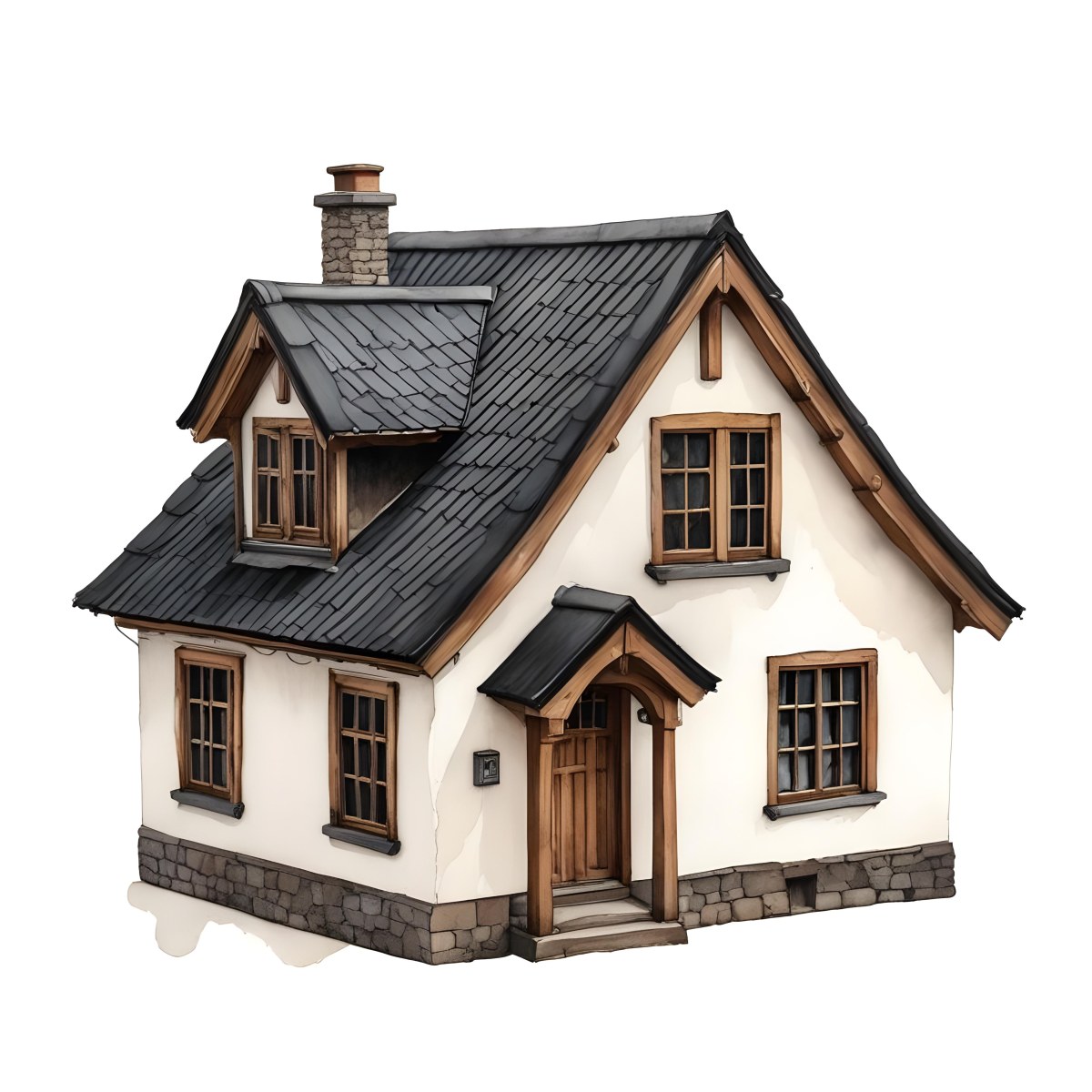 A Small White House With A Black Roof And A Wooden Foundation Wooden Door And Window Frames Isolated On Black Background 21 F5b7