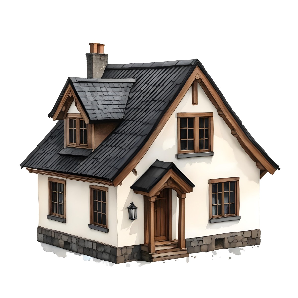 A Small White House With A Black Roof And A Wooden Foundation Wooden Door And Window Frames Isolated On Black Background 31 150c