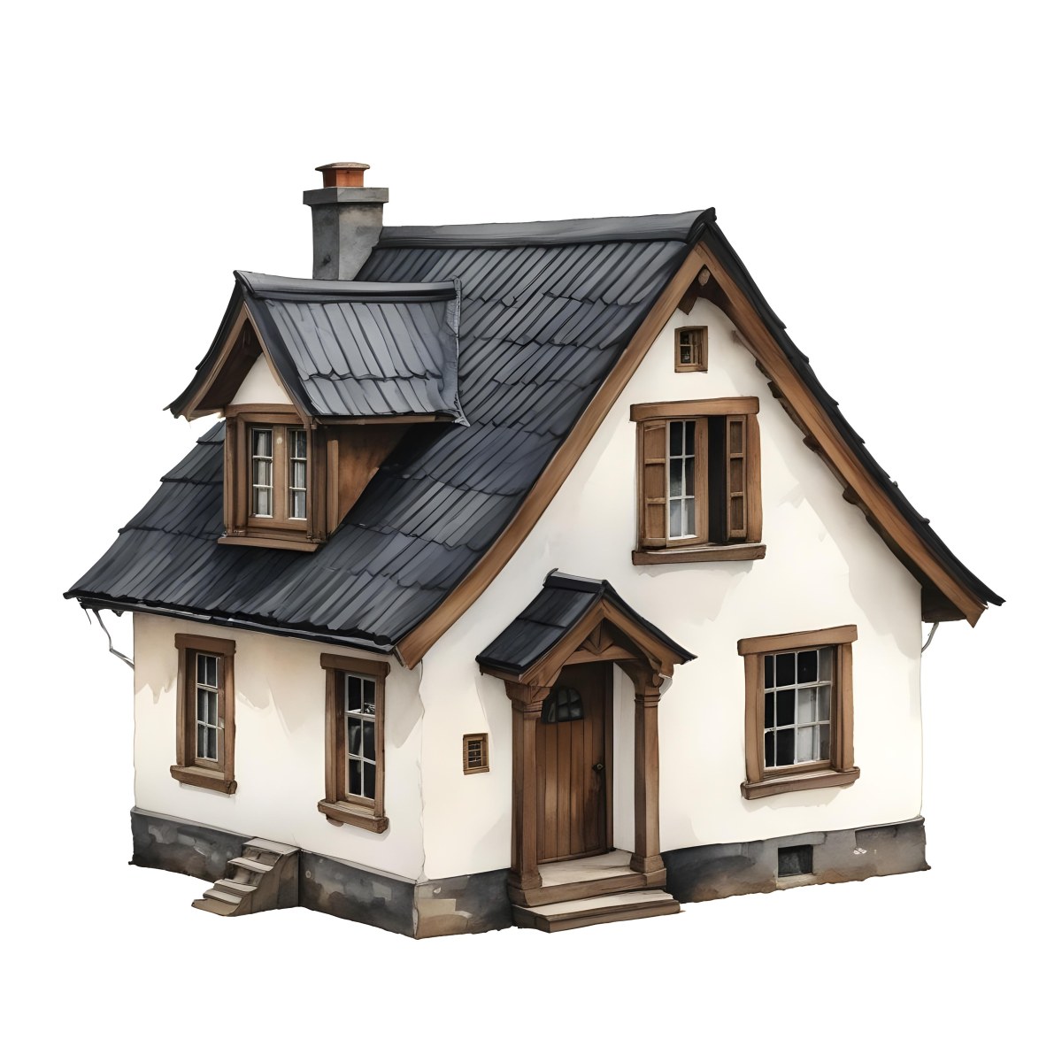 A Small White House With A Black Roof And A Wooden Foundation Wooden Door And Window Frames Isolated On Black Background 36 C0da