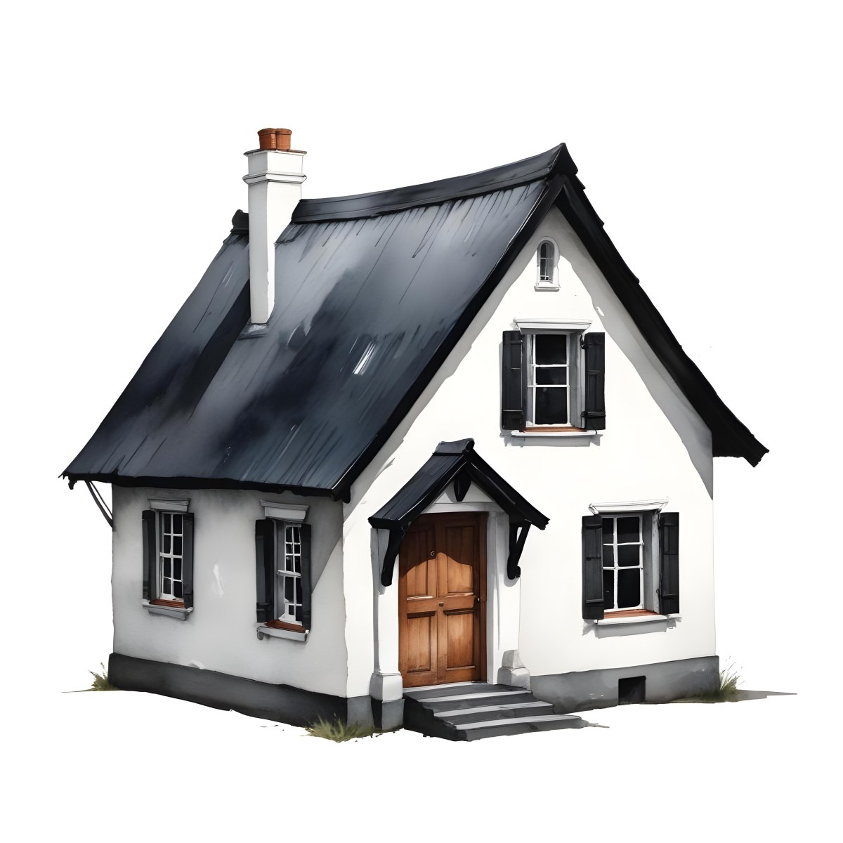 A Small White House With A Black Roof And A Wooden Foundation Wooden Door And Window Frames Isolated On Black Background 37 F99a