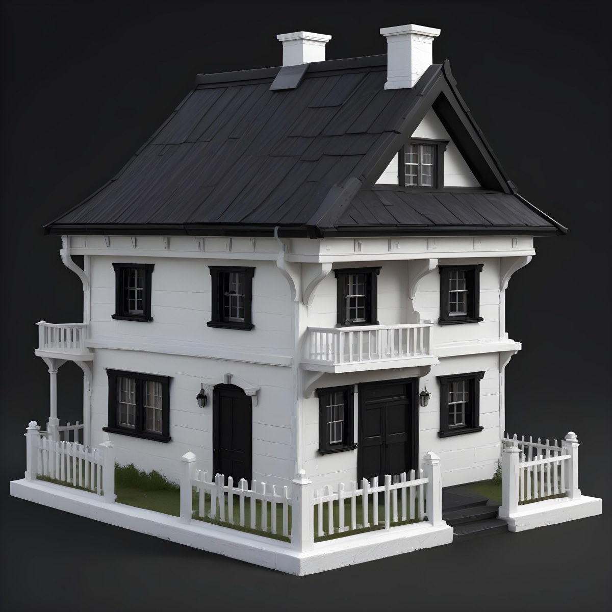 A Small White House With A Black Roof And A Wooden Foundation Wooden Door And Window Frames Isolated On Black Background 59 F402