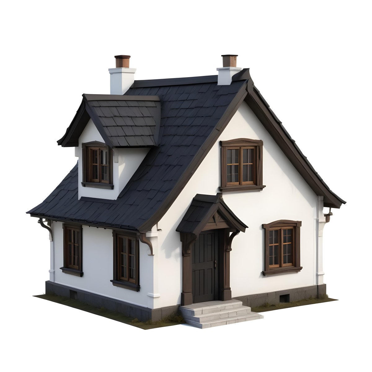 A Small White House With A Black Roof And A Wooden Foundation Wooden Door And Window Frames Isolated On Black Background 60 73b7