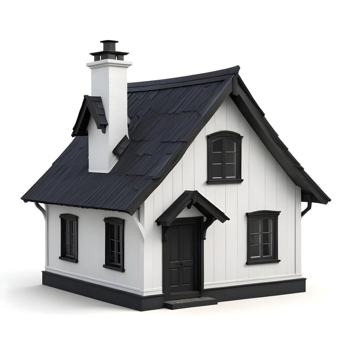 A Small White House With A Black Roof And A Wooden Foundation Wooden Door And Window Frames Isolated On Black Background 64 6a29