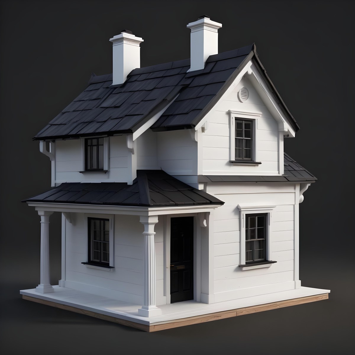A Small White House With A Black Roof And A Wooden Foundation Wooden Door And Window Frames Isolated On Black Background 65 2138