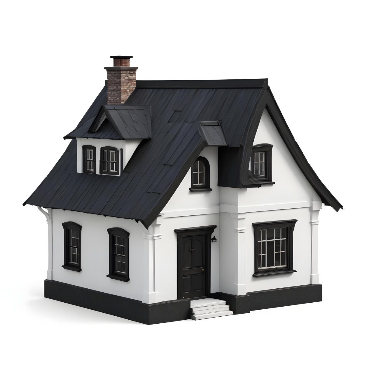 A Small White House With A Black Roof And A Wooden Foundation Wooden Door And Window Frames Isolated On Black Background 66 9a9f
