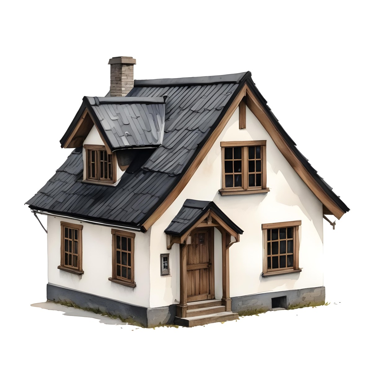 A Small White House With A Black Roof And A Wooden Foundation Wooden Door And Window Frames Isolated On Black Background 7 6f04