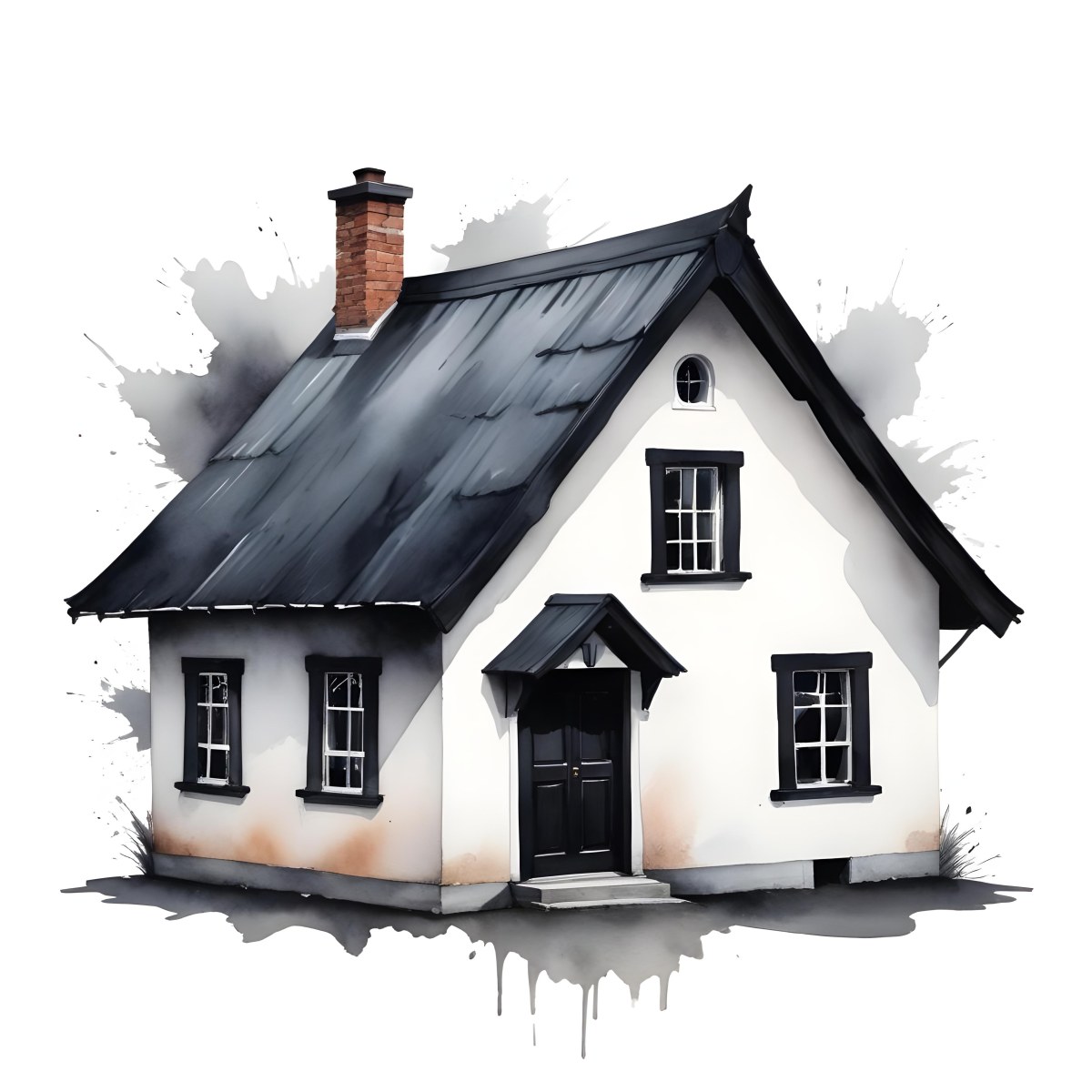 A Small White House With A Black Roof And A Wooden Foundation Wooden Door And Window Frames Isolated On Black Background 8 9f45