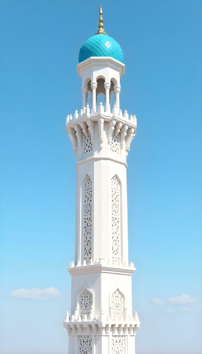 A Tall White Minaret With Blue Roof And Intricate Details Against A Clear Blue Sky Showcasing Islamic Architecture And Design 11 8de8