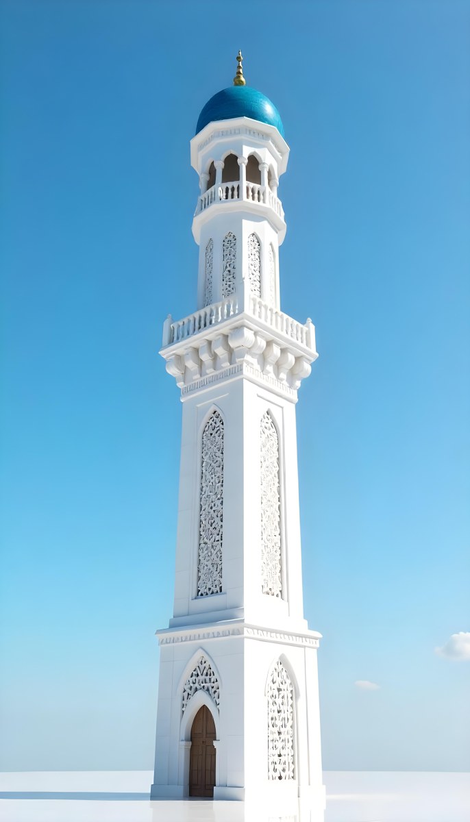 A Tall White Minaret With Blue Roof And Intricate Details Against A Clear Blue Sky Showcasing Islamic Architecture And Design 15 7aca