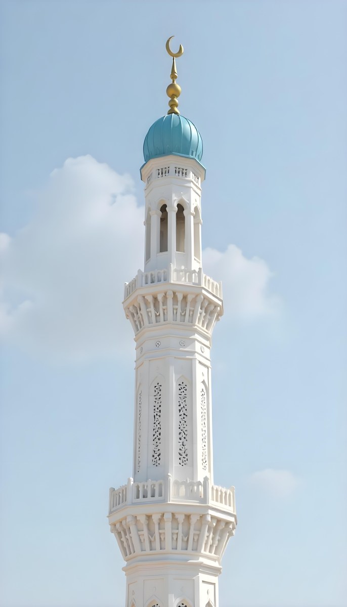 A Tall White Minaret With Blue Roof And Intricate Details Against A Clear Blue Sky Showcasing Islamic Architecture And Design 3 3045
