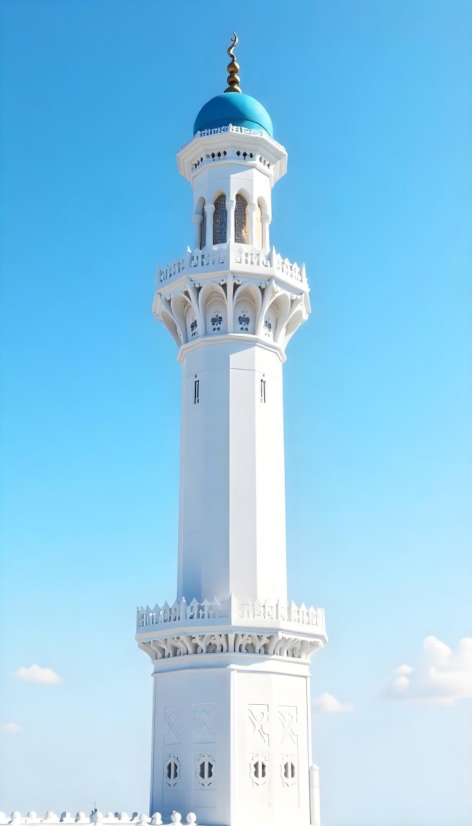 A Tall White Minaret With Blue Roof And Intricate Details Against A Clear Blue Sky Showcasing Islamic Architecture And Design 32 0536
