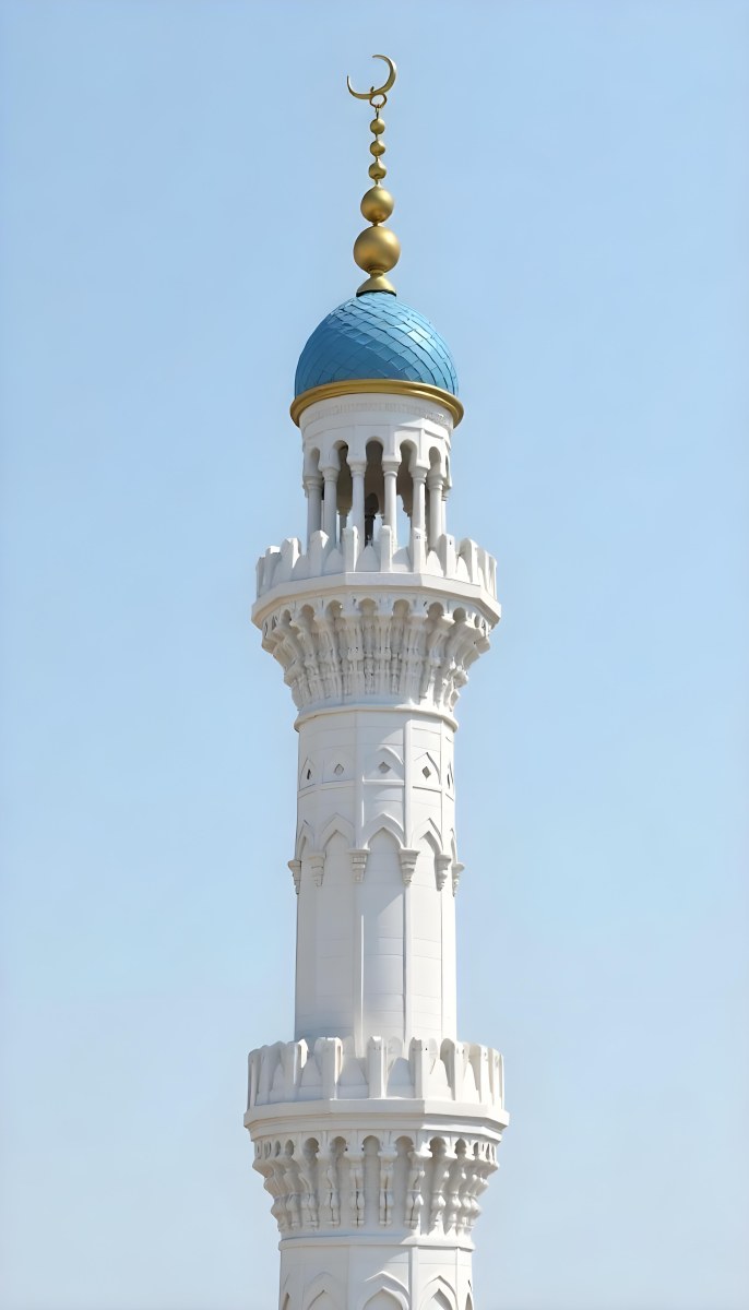 A Tall White Minaret With Blue Roof And Intricate Details Against A Clear Blue Sky Showcasing Islamic Architecture And Design 4 Dde4