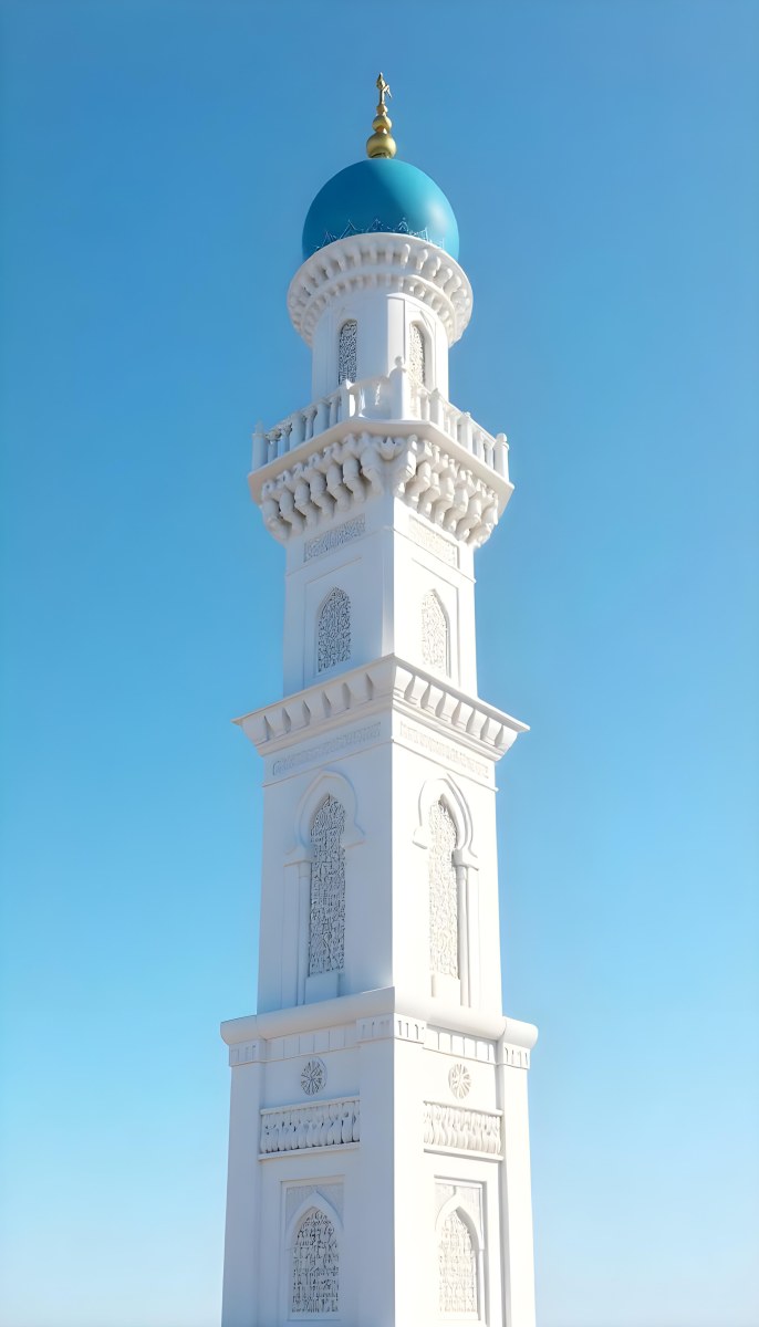 A Tall White Minaret With Blue Roof And Intricate Details Against A Clear Blue Sky Showcasing Islamic Architecture And Design 41 6618