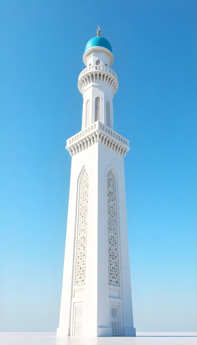 A Tall White Minaret With Blue Roof And Intricate Details Against A Clear Blue Sky Showcasing Islamic Architecture And Design 7 0db7