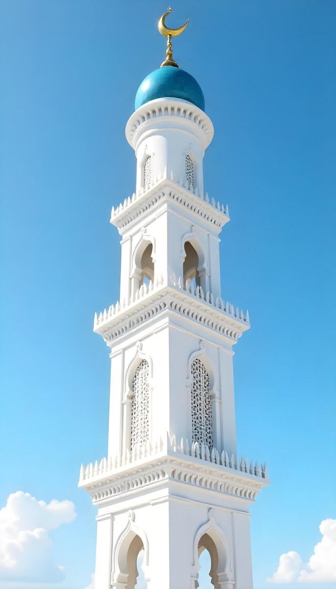 A Tall White Minaret With Blue Roof And Intricate Details Against A Clear Blue Sky Showcasing Islamic Architecture And Design 9 5bab