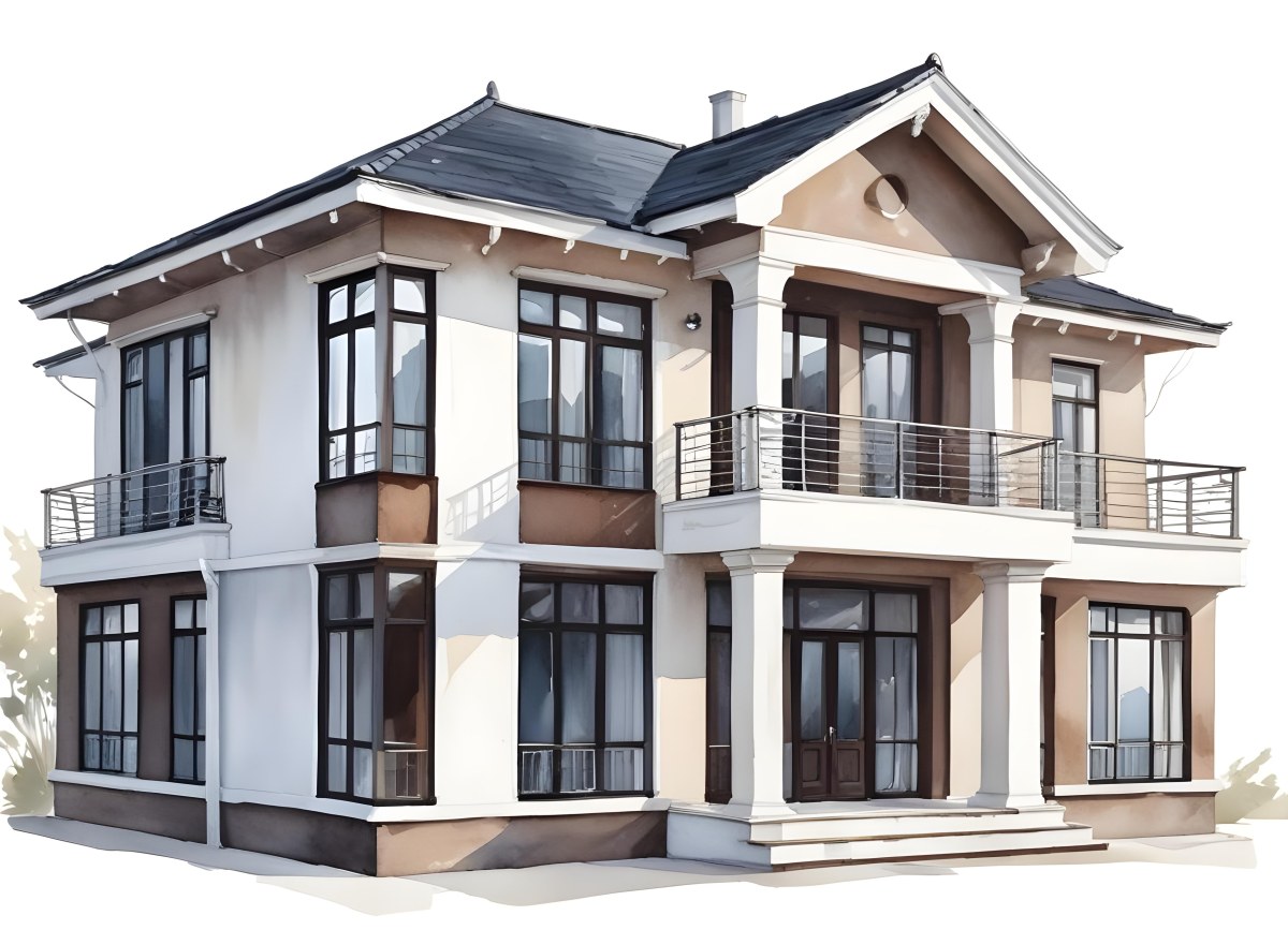 A Two Story House With A White Facade White Windows A Balcony With White Railings And A White Roof Isolated On White Background 14 E8ab