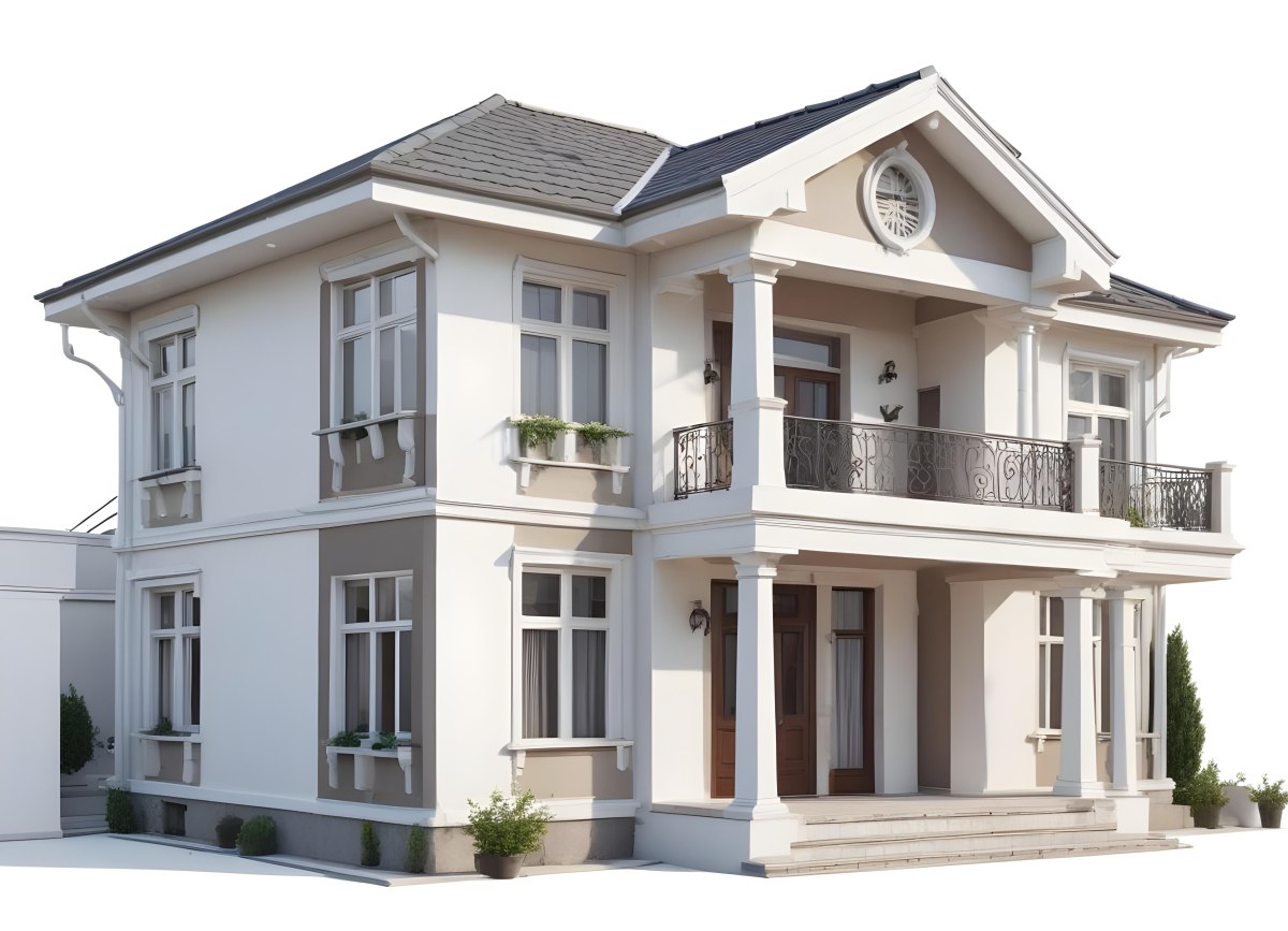 A Two Story House With A White Facade White Windows A Balcony With White Railings And A White Roof Isolated On White Background 22 Aadd