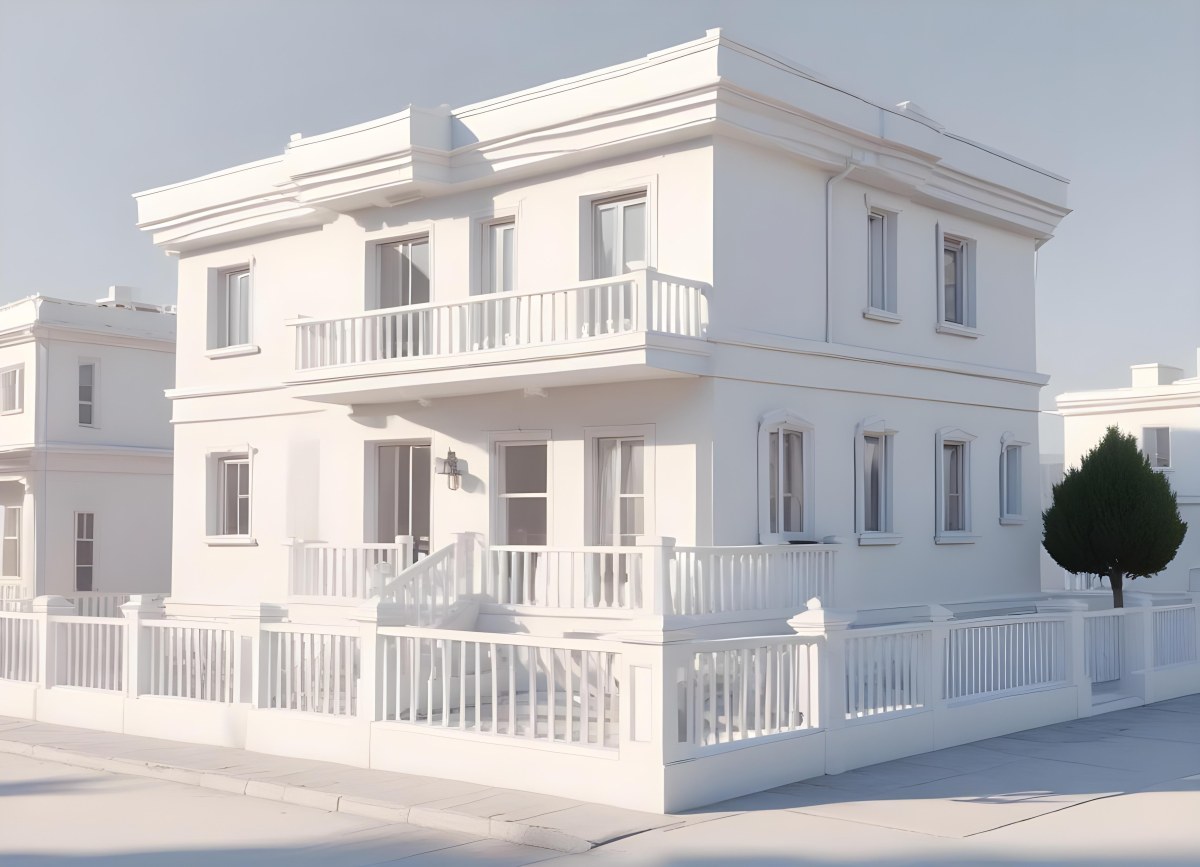 A Two Story House With A White Facade White Windows A Balcony With White Railings And A White Roof Isolated On White Background 39 4d8e