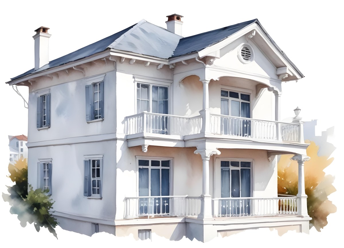 A Two Story House With A White Facade White Windows A Balcony With White Railings And A White Roof Isolated On White Background 4 1cd9