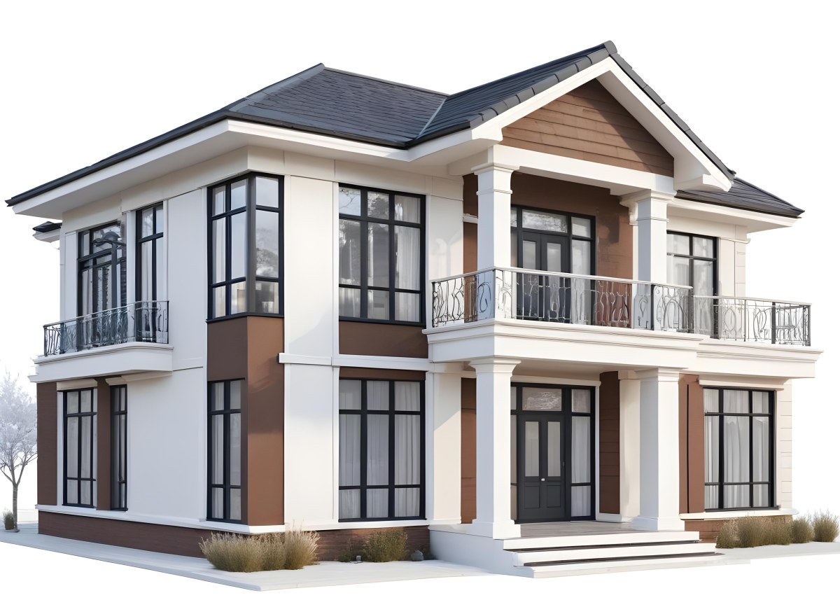 A Two Story House With A White Facade White Windows A Balcony With White Railings And A White Roof Isolated On White Background 40 B226