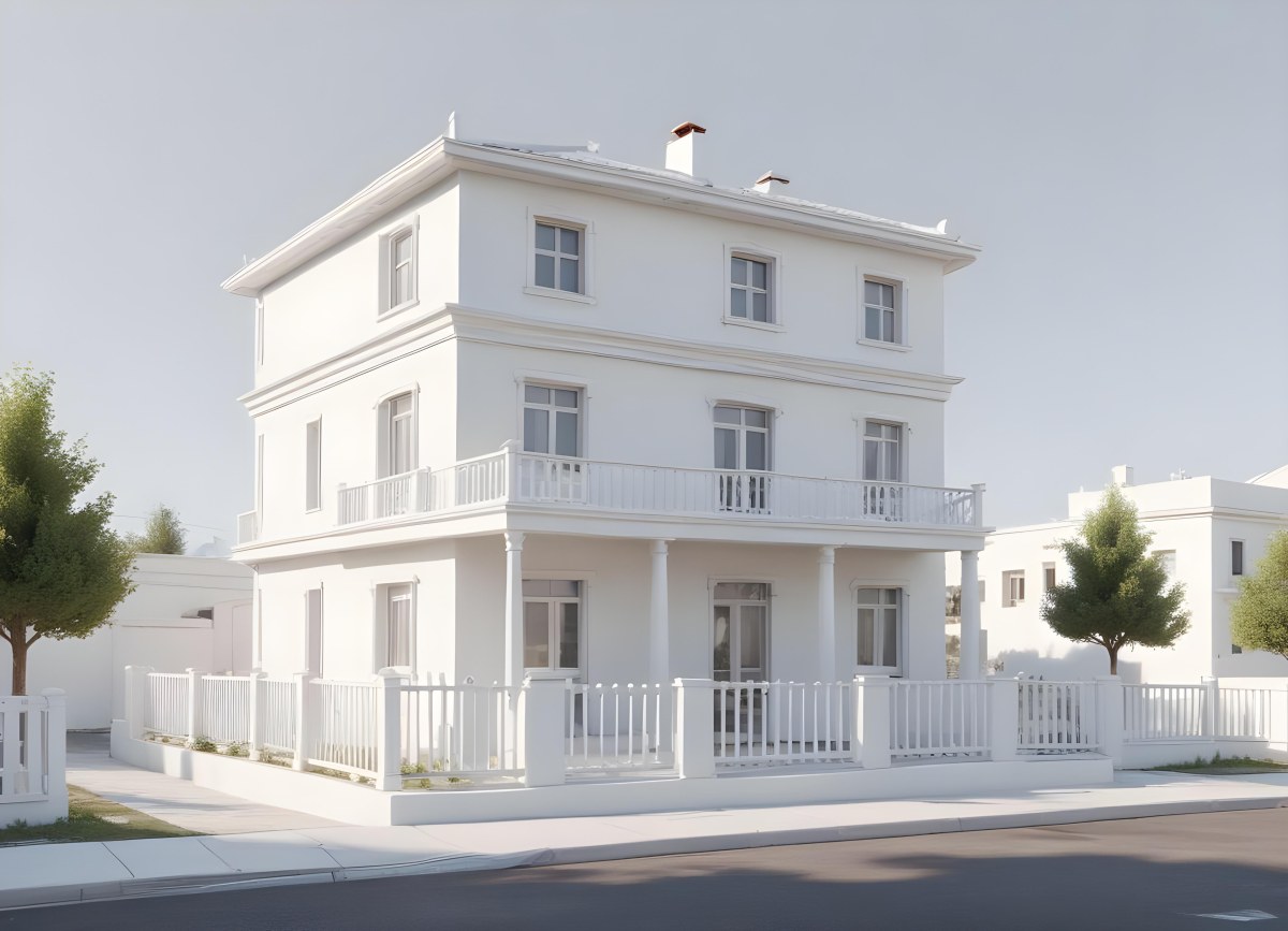 A Two Story House With A White Facade White Windows A Balcony With White Railings And A White Roof Isolated On White Background 41 2c6f