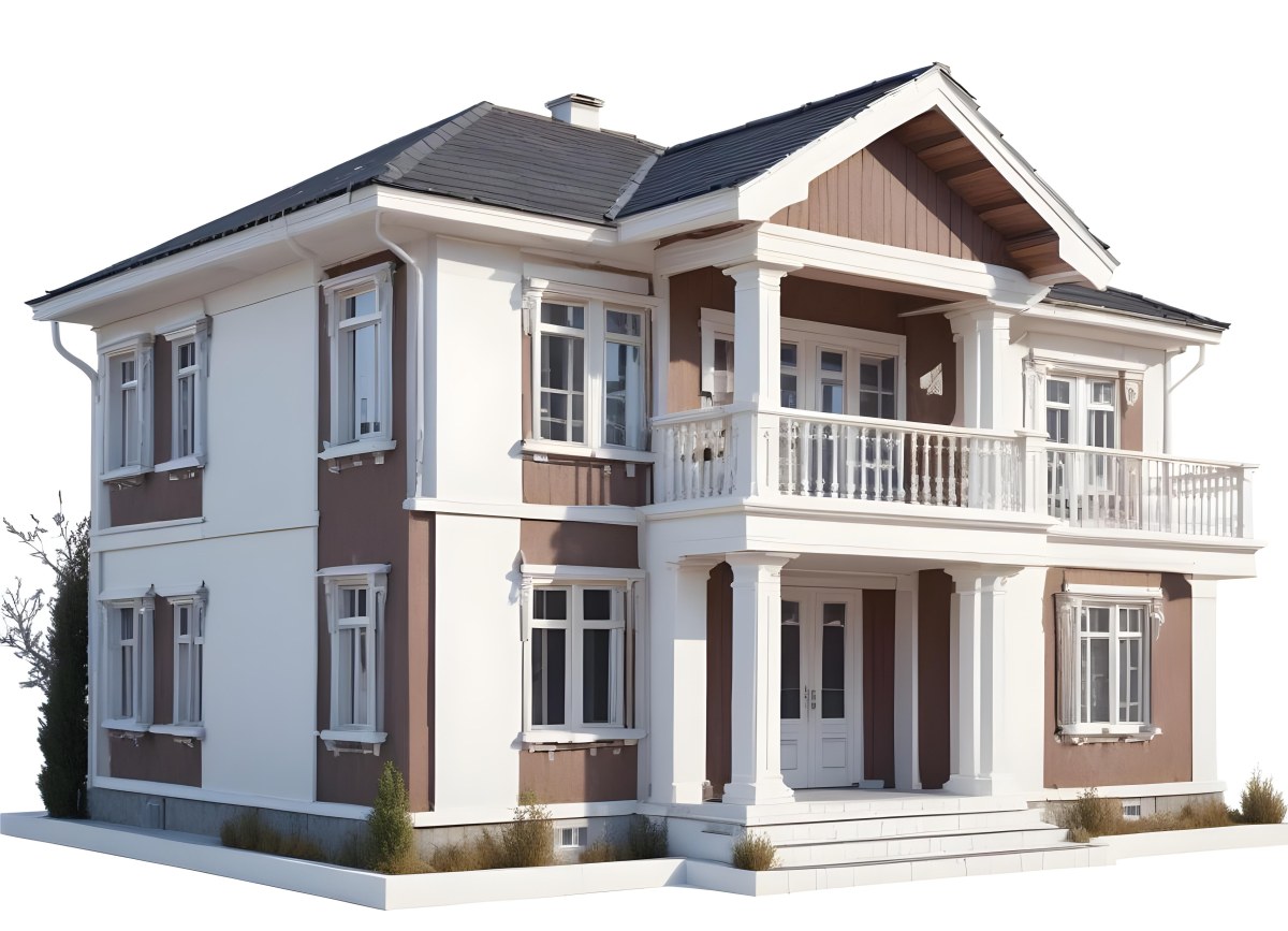 A Two Story House With A White Facade White Windows A Balcony With White Railings And A White Roof Isolated On White Background 42 E14e