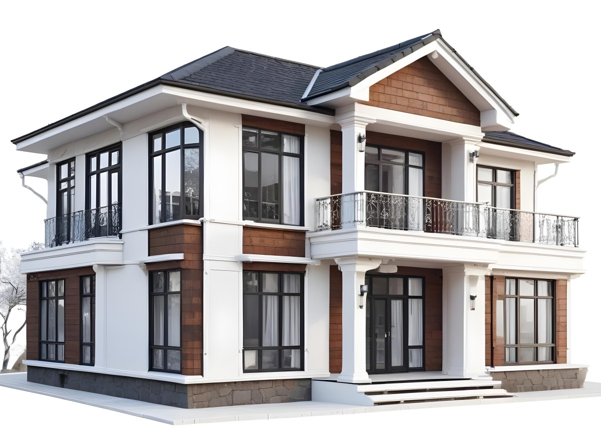 A Two Story House With A White Facade White Windows A Balcony With White Railings And A White Roof Isolated On White Background 44 6558