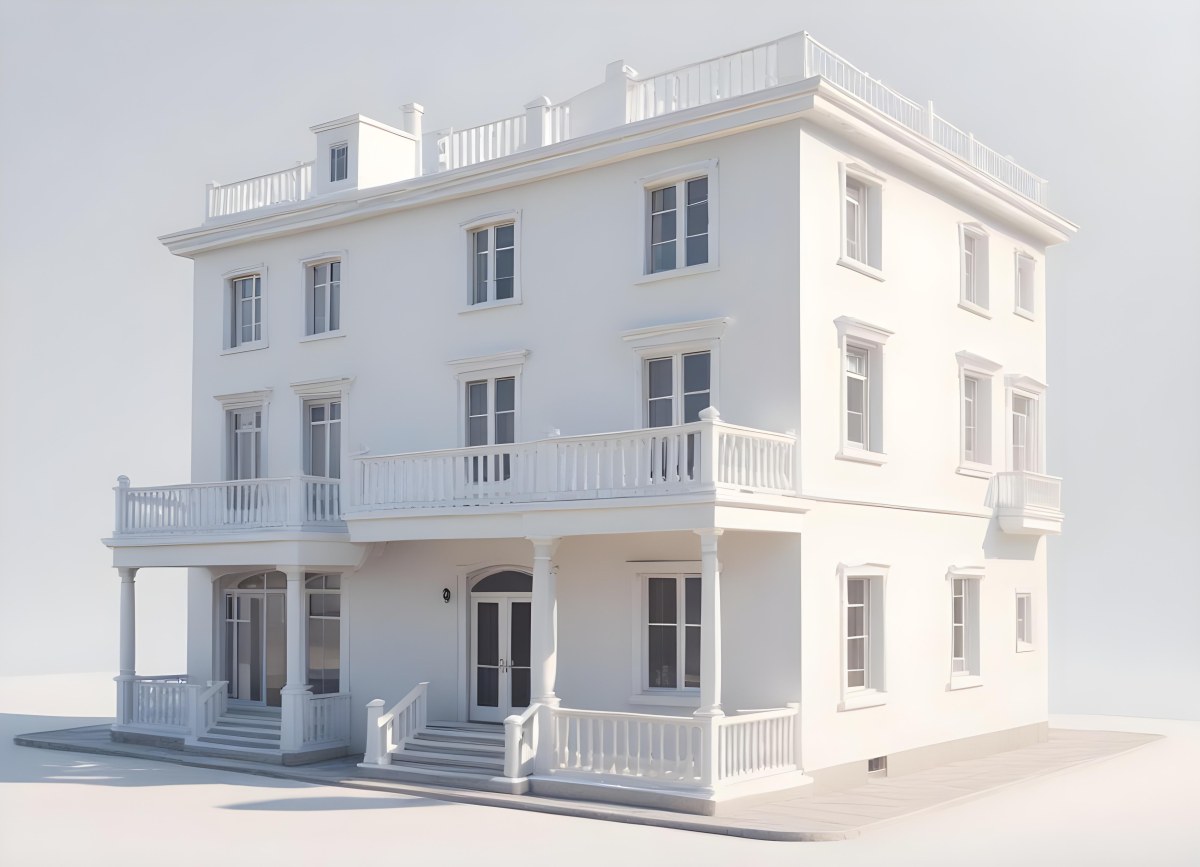 A Two Story House With A White Facade White Windows A Balcony With White Railings And A White Roof Isolated On White Background 45 De2d