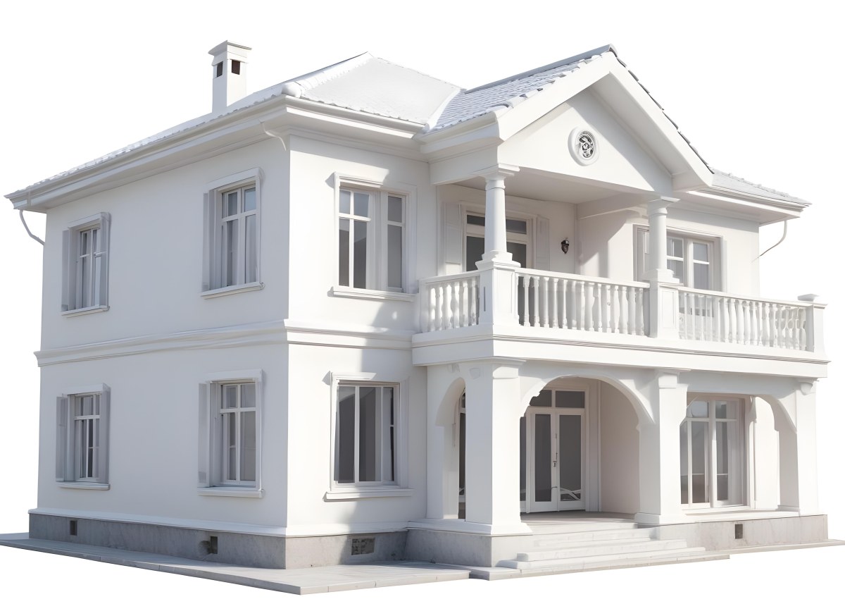 A Two Story House With A White Facade White Windows A Balcony With White Railings And A White Roof Isolated On White Background 46 33ab