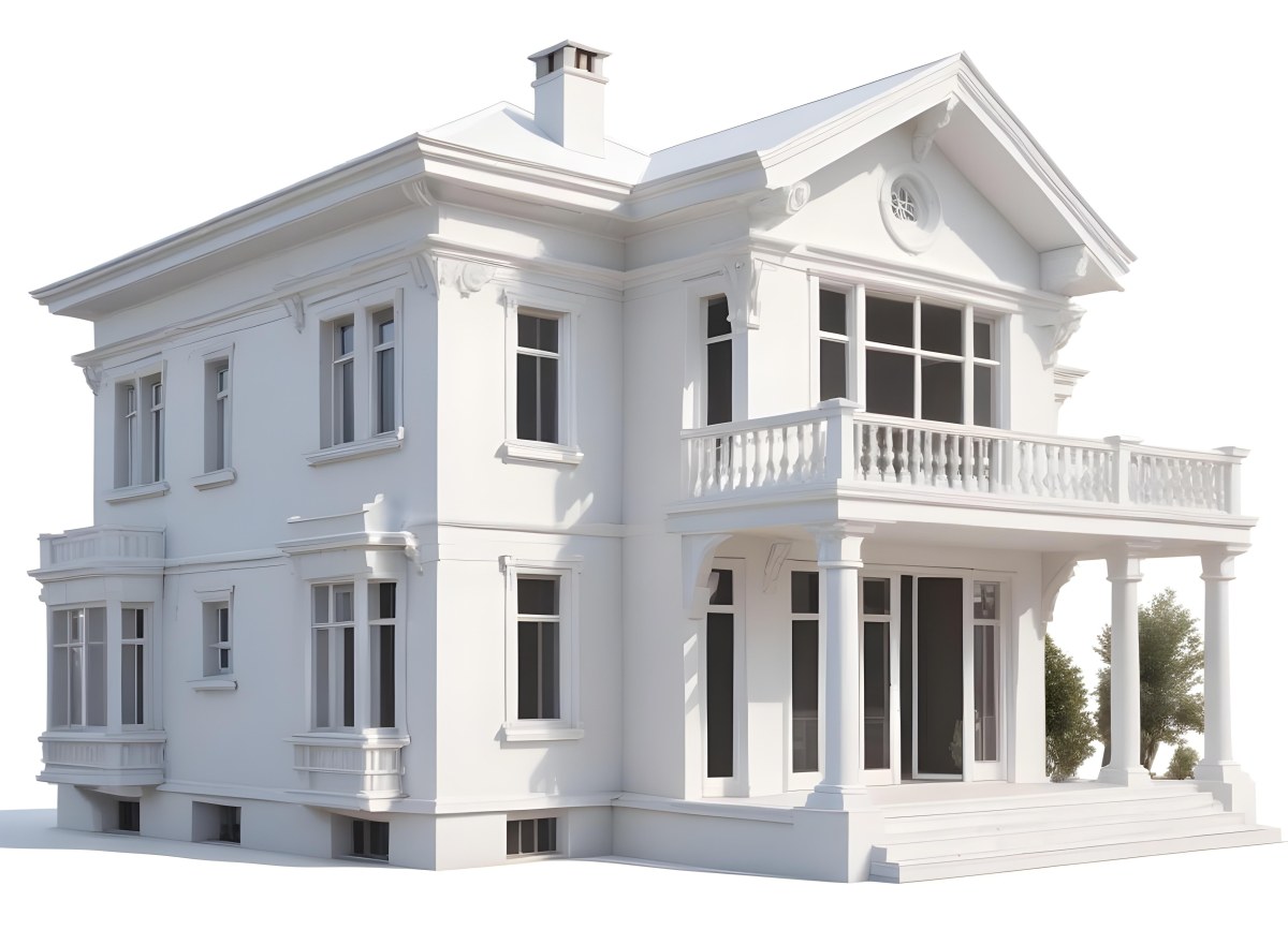 A Two Story House With A White Facade White Windows A Balcony With White Railings And A White Roof Isolated On White Background 47 Fde1