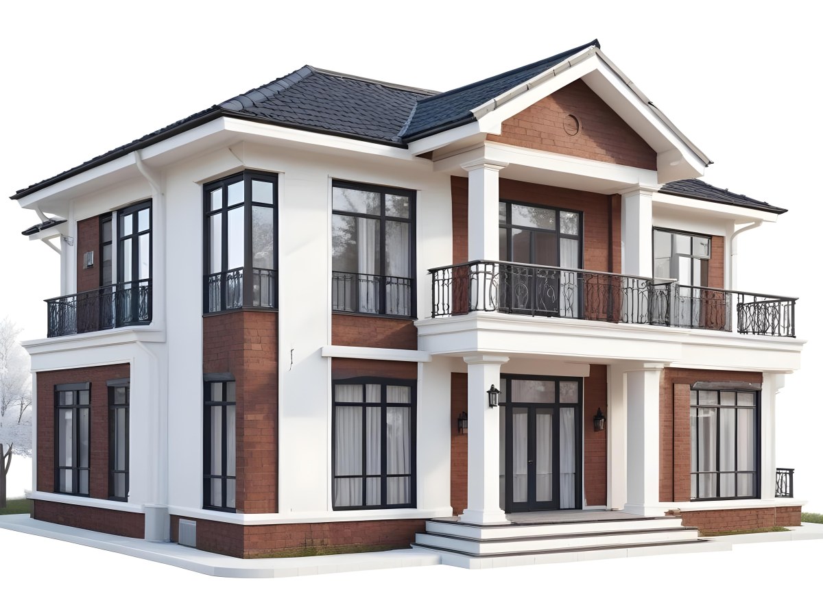 A Two Story House With A White Facade White Windows A Balcony With White Railings And A White Roof Isolated On White Background 48 Da67