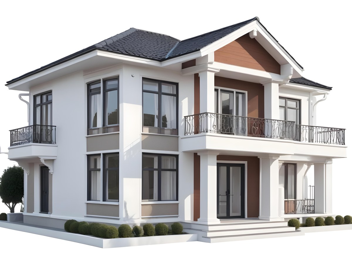A Two Story House With A White Facade White Windows A Balcony With White Railings And A White Roof Isolated On White Background 49 0212