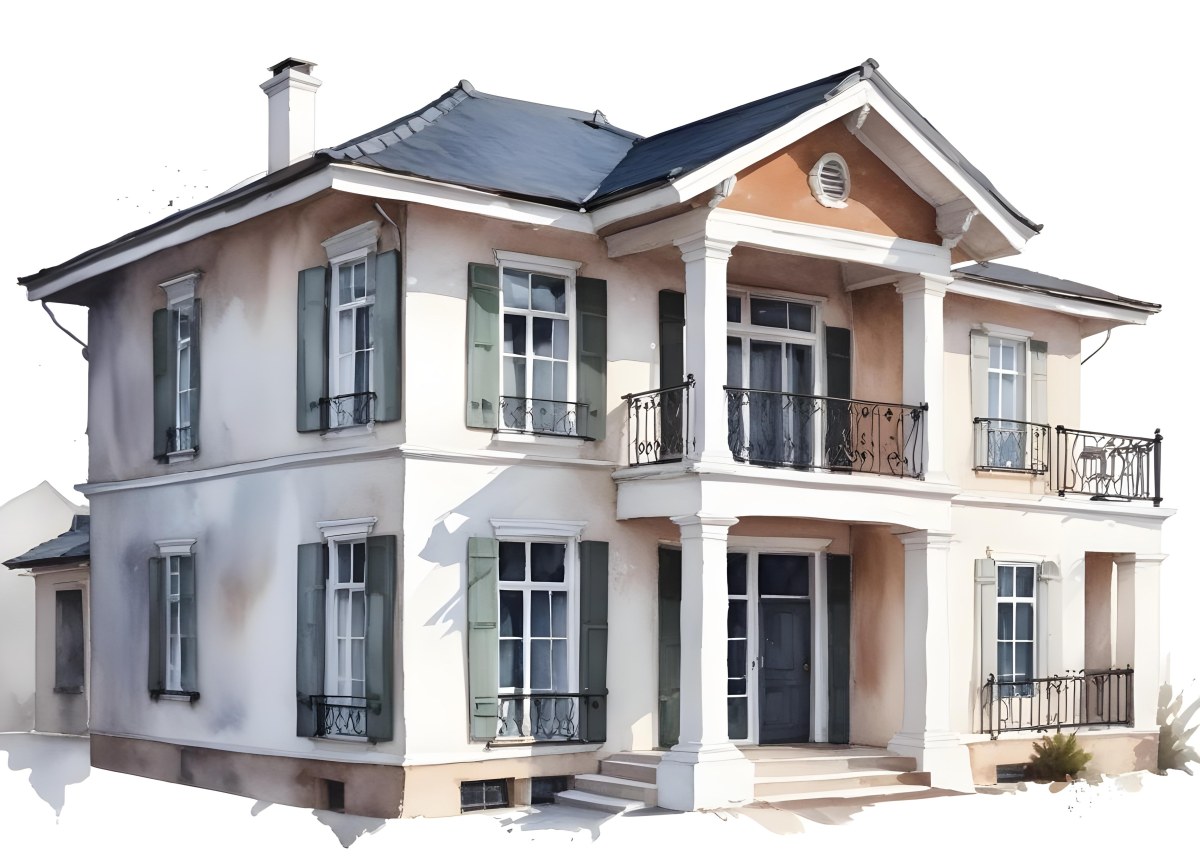 A Two Story House With A White Facade White Windows A Balcony With White Railings And A White Roof Isolated On White Background 5 B504