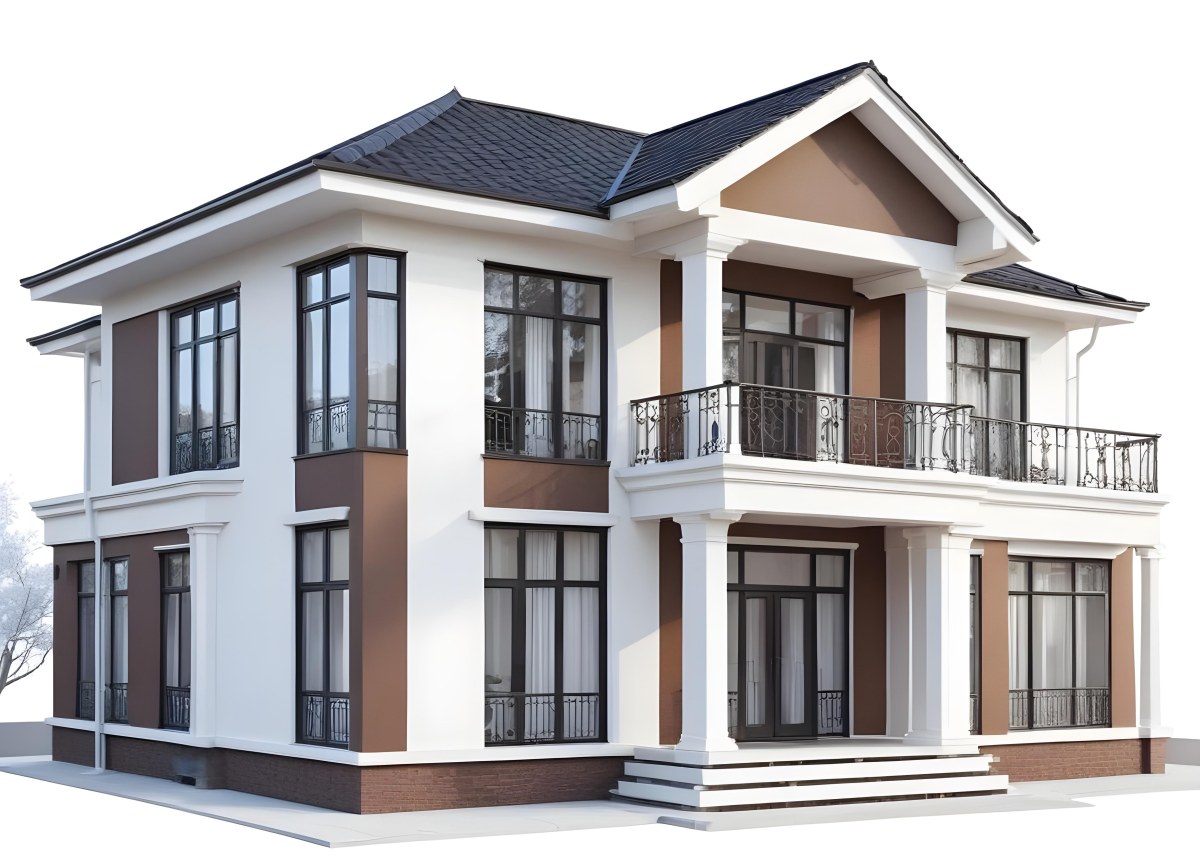 A Two Story House With A White Facade White Windows A Balcony With White Railings And A White Roof Isolated On White Background 52 1202