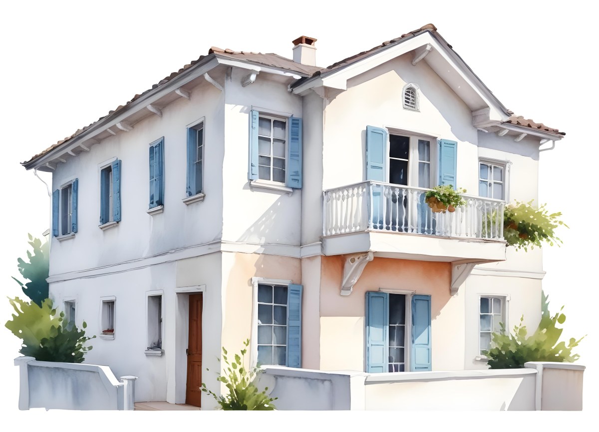 A Two Story House With A White Facade White Windows A Balcony With White Railings And A White Roof Isolated On White Background 6 B1da