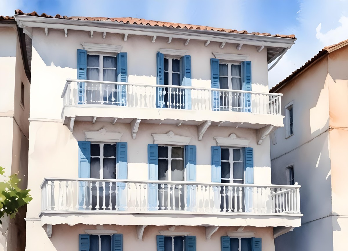 A Two Story House With A White Facade White Windows A Balcony With White Railings And A White Roof Isolated On White Background 8 Eba9