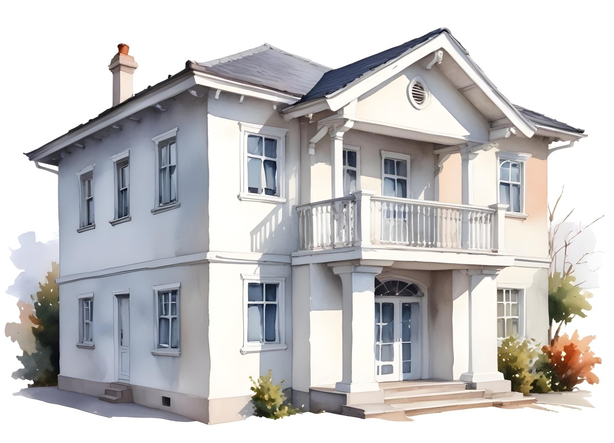 A Two Story House With A White Facade White Windows A Balcony With White Railings And A White Roof Isolated On White Background 9 3ae6
