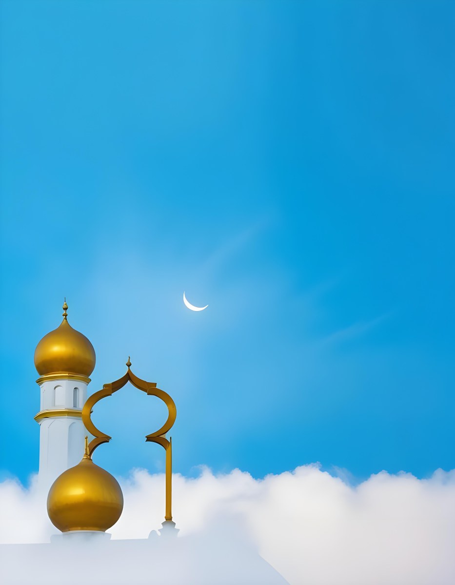 Dark And Mysterious A Golden Crescent Moon And A Golden Domed Building Against A Bright Blue Sky With Clouds Dark Shadows And Fog Blurred Neo Expressionism 5 00f1