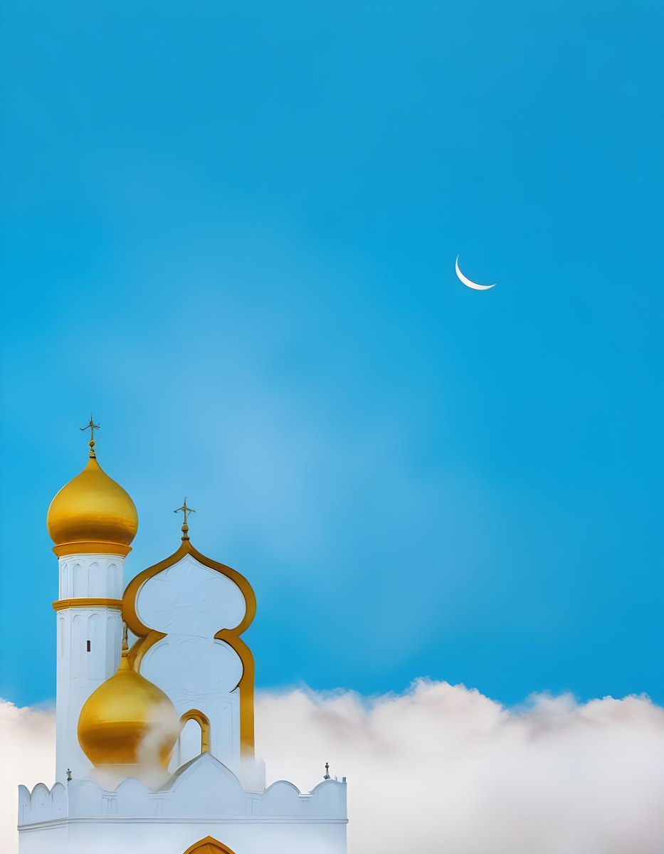 Dark And Mysterious A Golden Crescent Moon And A Golden Domed Building Against A Bright Blue Sky With Clouds Dark Shadows And Fog Blurred Neo Expressionism 6 A5f5